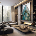 Quadro Decorativo Reflexos do Futuro Imponente | quadros decorativos premium | Edifício moderno em perspectiva ascendente com fachada azul vidrada e estrutura geométrica branca | em ambiente 4 | Porao dos Quadros
