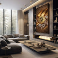 Quadro Decorativo Riqueza Dourada | quadros decorativos premium | Bitcoin dourado com barras de ouro e diamantes em composição luxuosa iluminada | em ambiente 4 | Porao dos Quadros
