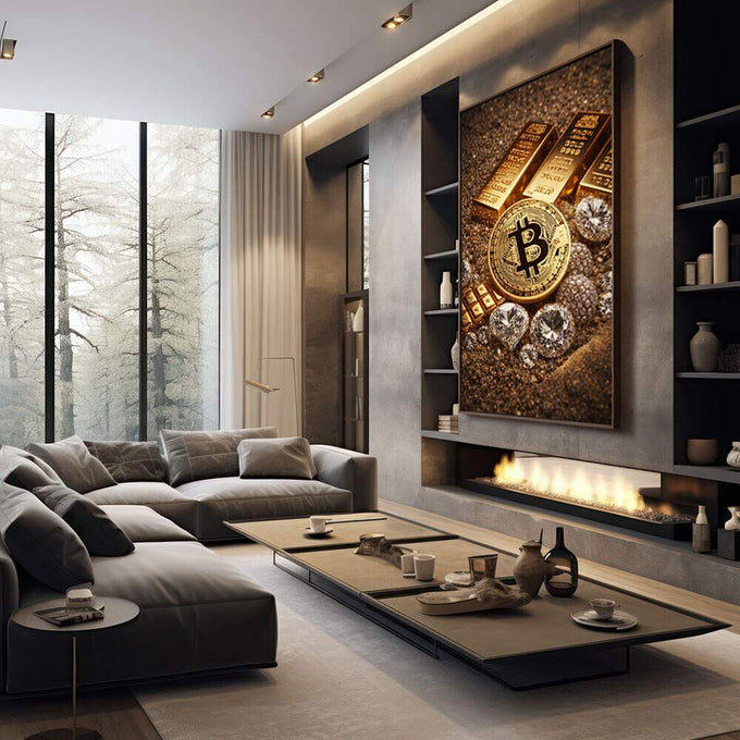 Quadro Decorativo Riqueza Dourada | quadros decorativos premium | Bitcoin dourado com barras de ouro e diamantes em composição luxuosa iluminada | em ambiente 4 | Porao dos Quadros
