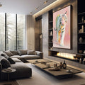 Quadro Decorativo Tigre Moderno | quadros decorativos premium | Tigre branco com aquarela rosa, azul e dourado em composição realista e abstrata. | em ambiente 4 | Porao dos Quadros
