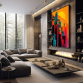 Quadro Decorativo Cidade ao Pôr do Sol Vibrante | quadros decorativos premium | Cidade futurista com edifícios em azul e preto contra céu laranja e amarelo incandescente com figuras humanas | em ambiente 4 | Porao dos Quadros