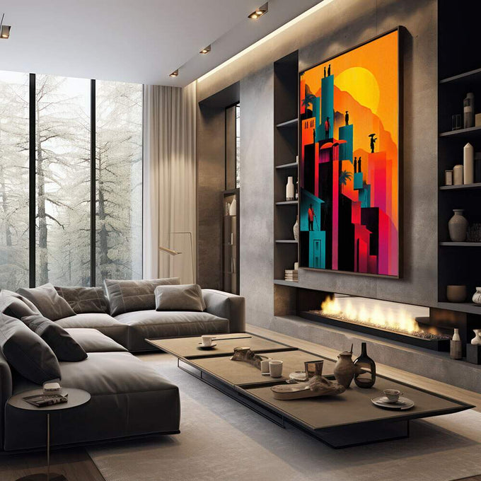 Quadro Decorativo Cidade ao Pôr do Sol Vibrante | quadros decorativos premium | Cidade futurista com edifícios em azul e preto contra céu laranja e amarelo incandescente com figuras humanas | em ambiente 4 | Porao dos Quadros