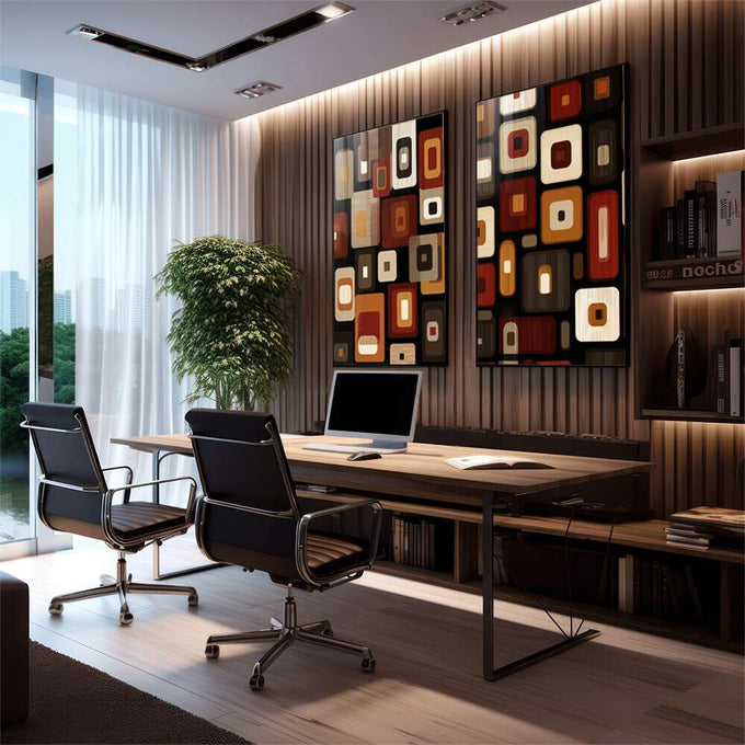 Quadro Decorativo Geometria Vibrante | quadros decorativos premium | Padrão geométrico retrô em tons de terracota, laranja, bege e preto com texturas modulares | em ambiente 4 | Porao dos Quadros