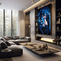 Quadro Decorativo Heróis em Encontro Épico | quadros decorativos premium | Casal em tons azul e preto com efeito de luz neon ao fundo, composição futurista e romântica. | em ambiente 4 | Porao dos Quadros