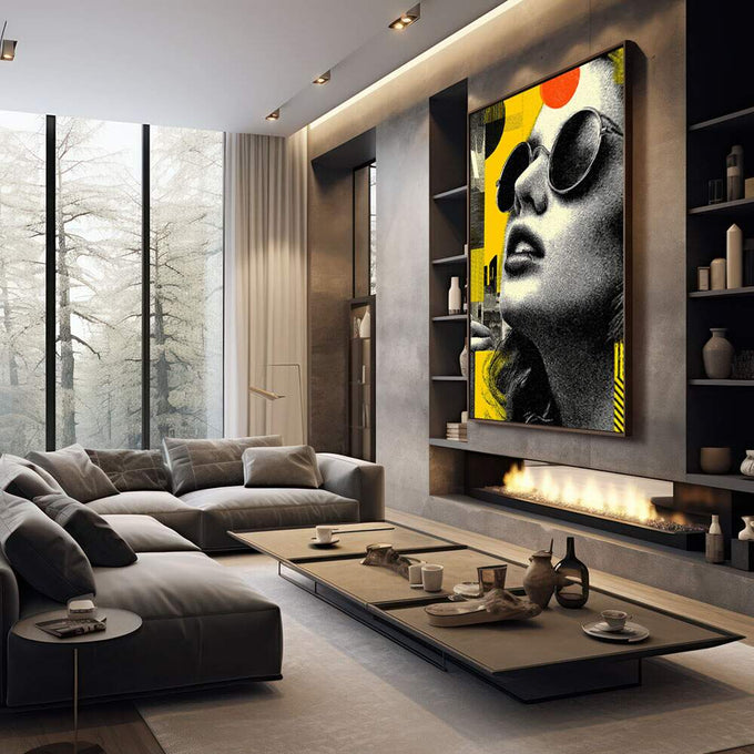 Quadro Decorativo Mulher Sob a Luz Amarela | quadros decorativos premium | Mulher com óculos redondos em retrato preto e branco com elementos geométricos amarelos vibrantes | em ambiente 4 | Porao dos Quadros