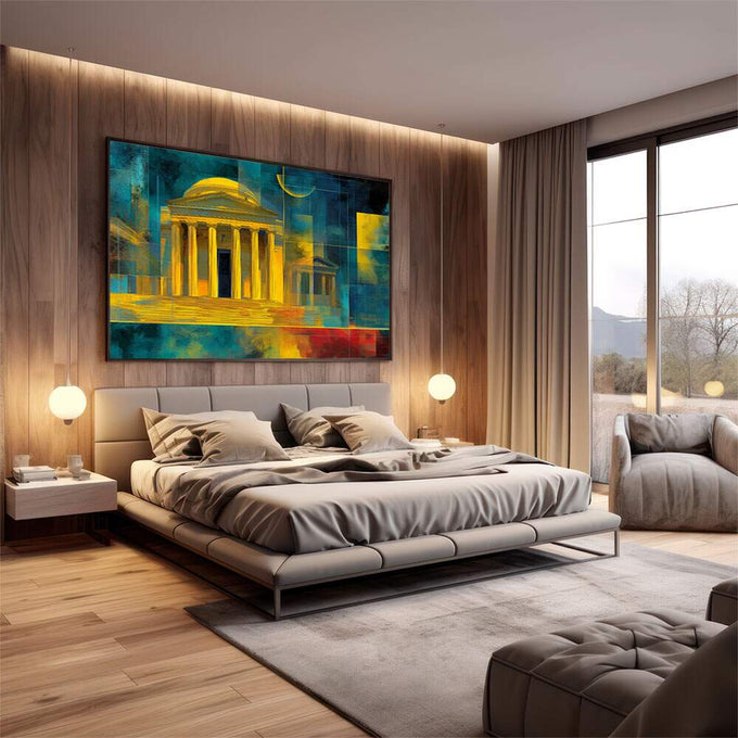 Quadro Decorativo Arquitetura Vibrante | quadros decorativos premium | Templo clássico em dourado com colunas contra fundo azul profundo com detalhes abstratos | em ambiente 4 | Porao dos Quadros