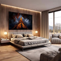 Quadro Decorativo Torre Eiffel Noturna Elegante | quadros decorativos premium | Torre Eiffel dourada iluminada à noite com árvores em silhueta e céu azul tempestuoso | em ambiente 4 | Porao dos Quadros