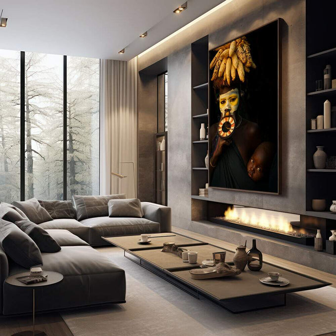Quadro Decorativo Ancestralidade e Emoção | quadros decorativos premium | Figura indígena com rosto pintado em dourado, adornos circulares laranja e feixes de milho na cabeça | em ambiente 4 | Porao dos Quadros
