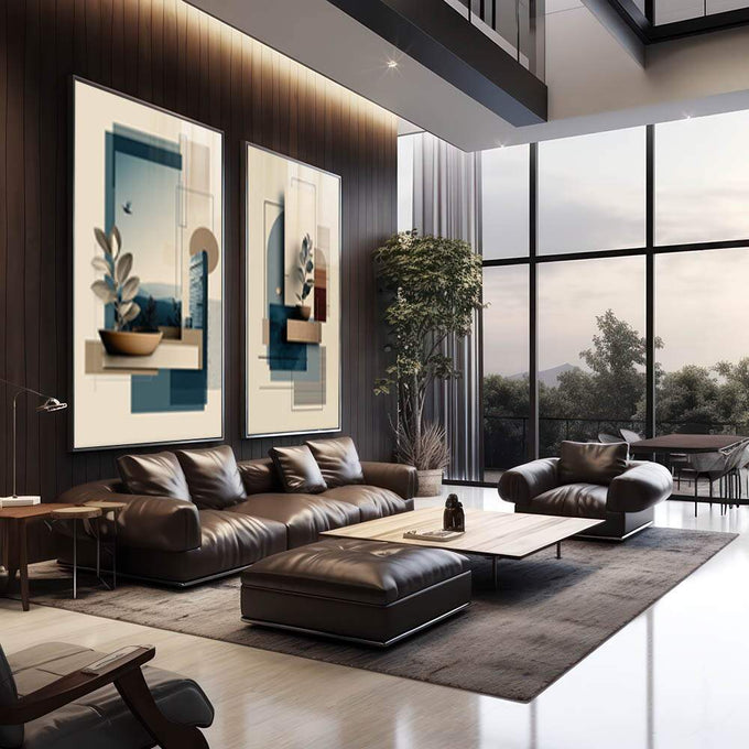 Quadro Decorativo Moderno Geometria Serene | quadros decorativos premium | Duas telas com formas geométricas abstratas em bege e azul com plantas delicadas. | em ambiente 4 | Porao dos Quadros