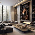 Quadro Decorativo Cavalo Majestoso | quadros decorativos premium | Cavalo marrom com crina preta fluida em retrato artístico com fundo escuro e iluminação dramática. | em ambiente 4 | Porao dos Quadros