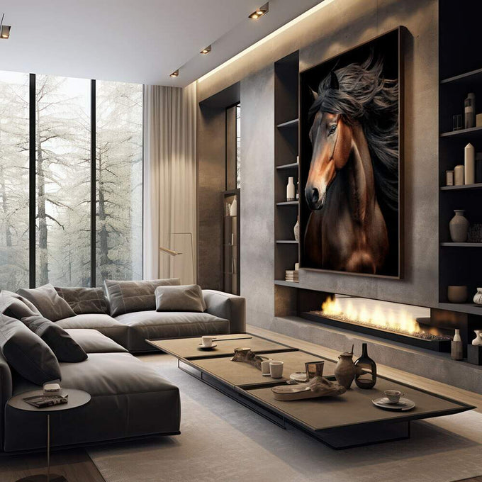 Quadro Decorativo Cavalo Majestoso | quadros decorativos premium | Cavalo marrom com crina preta fluida em retrato artístico com fundo escuro e iluminação dramática. | em ambiente 4 | Porao dos Quadros