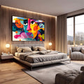 Quadro Decorativo - Retrato Abstrato da Emoção Vibrante | quadros decorativos premium | Rosto abstrato com cores vibrantes em pop art com texturas geométricas e olhos expressivos. | em ambiente 4 | Porao dos Quadros