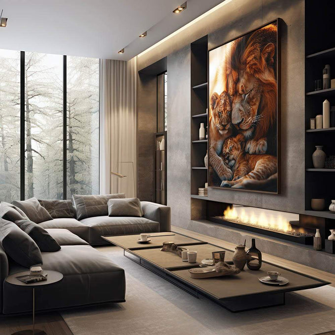 Quadro Decorativo Família de Leões Amor e União | quadros decorativos premium | Leões adultos com filhotes em tons dourados e castanhos em composição realista familiar. | em ambiente 4 | Porao dos Quadros