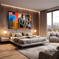 Quadro Decorativo Essência do Jazz Vibrante | quadros decorativos premium | Saxofonista em preto e branco com formas geométricas abstratas em laranja, azul e vermelho ao fundo | em ambiente 4 | Porao dos Quadros
