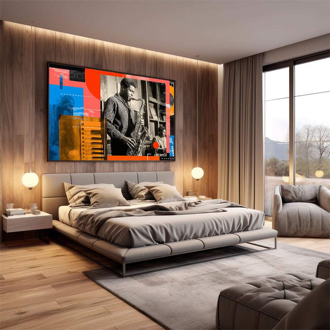 Quadro Decorativo Essência do Jazz Vibrante | quadros decorativos premium | Saxofonista em preto e branco com formas geométricas abstratas em laranja, azul e vermelho ao fundo | em ambiente 4 | Porao dos Quadros