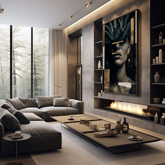 Quadro Decorativo Sofisticação Feminina | quadros decorativos premium | Rosto feminino em preto e branco com linhas geométricas em ouro, composição abstrata sofisticada | em ambiente 4 | Porao dos Quadros