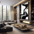 Quadro Decorativo Fluxo Preto e Branco | quadros decorativos premium | Traço abstrato em preto com formas fluidas ondulantes sobre fundo branco em composição vertical | em ambiente 4 | Porao dos Quadros