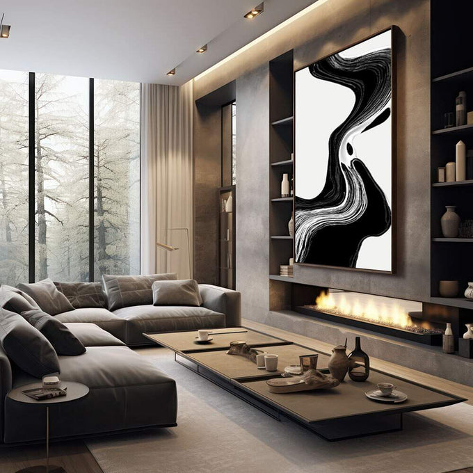 Quadro Decorativo Fluxo Preto e Branco | quadros decorativos premium | Traço abstrato em preto com formas fluidas ondulantes sobre fundo branco em composição vertical | em ambiente 4 | Porao dos Quadros