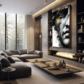 Quadro Decorativo Elegância Abstrata | quadros decorativos premium | Rosto fragmentado em preto e dourado com respingos abstratos e técnica mista expressionista. | em ambiente 4 | Porao dos Quadros
