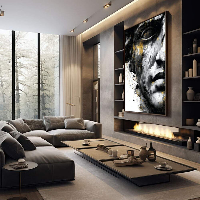 Quadro Decorativo Elegância Abstrata | quadros decorativos premium | Rosto fragmentado em preto e dourado com respingos abstratos e técnica mista expressionista. | em ambiente 4 | Porao dos Quadros