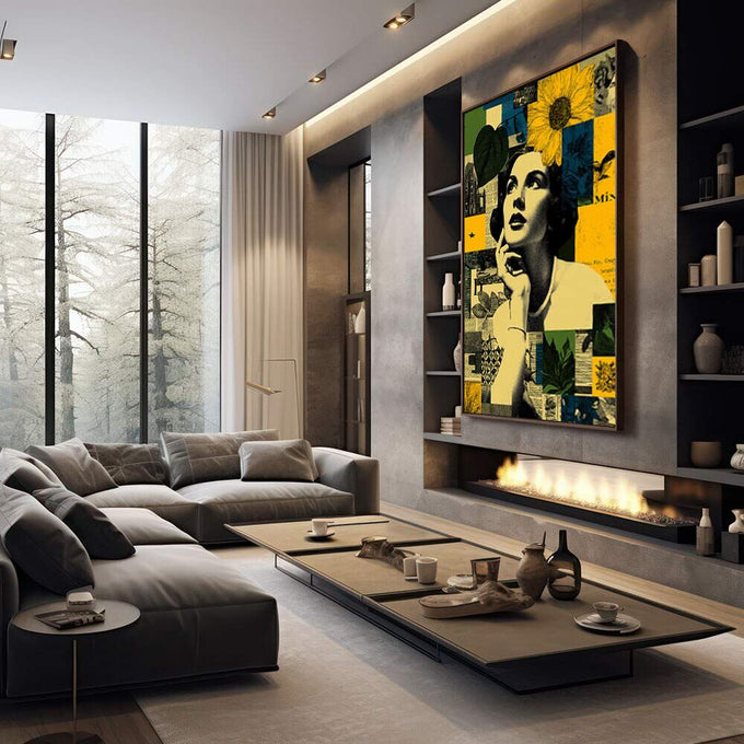 Quadro Decorativo Feminino Reflexivo e Moderno | quadros decorativos premium | Mulher pensativa em preto e branco com girassóis amarelos em composição geométrica colorida. | em ambiente 4 | Porao dos Quadros