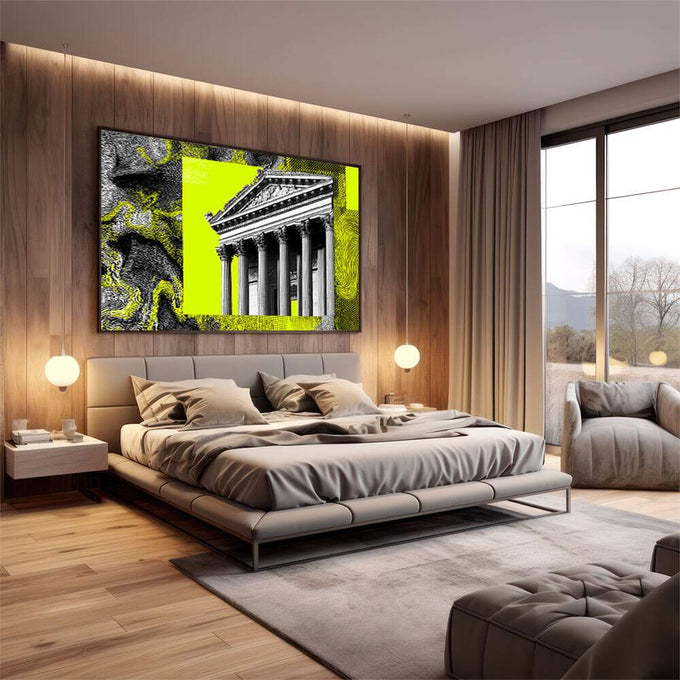 Quadro Decorativo Moderno Arquitetônico | quadros decorativos premium | Edifício clássico com colunas em amarelo neon vibrante e padrões texturizados em preto | em ambiente 4 | Porao dos Quadros