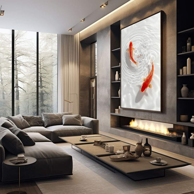 Quadro Decorativo Koi em Serenidade | quadros decorativos premium | Duas carpas vermelhas em padrão de ondas concêntricas brancas e cinzentas. | em ambiente 4 | Porao dos Quadros