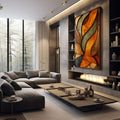 Quadro Decorativo Tramas da Natureza | quadros decorativos premium | Folhas abstratas em laranja, verde e preto com composição fluida e elegante | em ambiente 4 | Porao dos Quadros
