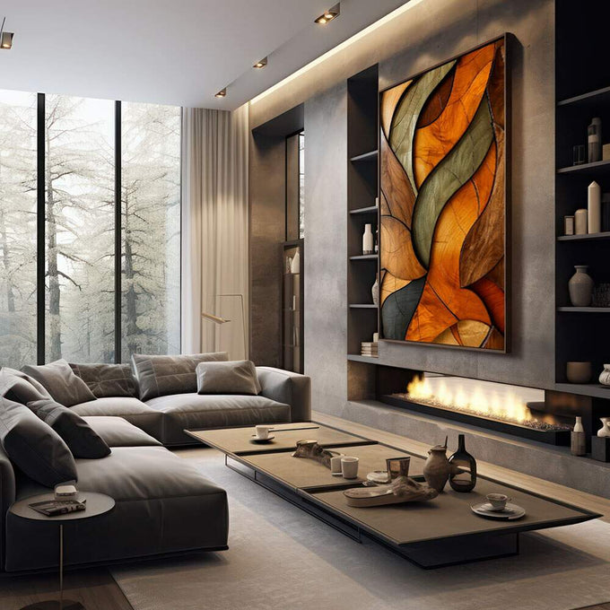 Quadro Decorativo Tramas da Natureza | quadros decorativos premium | Folhas abstratas em laranja, verde e preto com composição fluida e elegante | em ambiente 4 | Porao dos Quadros