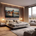 Quadro Decorativo: Cavalos Liberdade em Movimento | quadros decorativos premium | Cavalos em galope explosivo através de água com luz dourada refletida | em ambiente 4 | Porao dos Quadros
