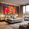 Quadro Decorativo Animais Estilizados Vibrantes | quadros decorativos premium | Zebra, girafa e elefante em pop art colorido com vermelho, amarelo, azul e laranja vibrantes | em ambiente 4 | Porao dos Quadros