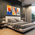 Quadro Decorativo: Explosão de Cores para Inspirar | quadros decorativos premium | Três telas abstratas com círculo laranja, triângulos azuis e formas geométricas coloridas | em ambiente 4 | Porao dos Quadros