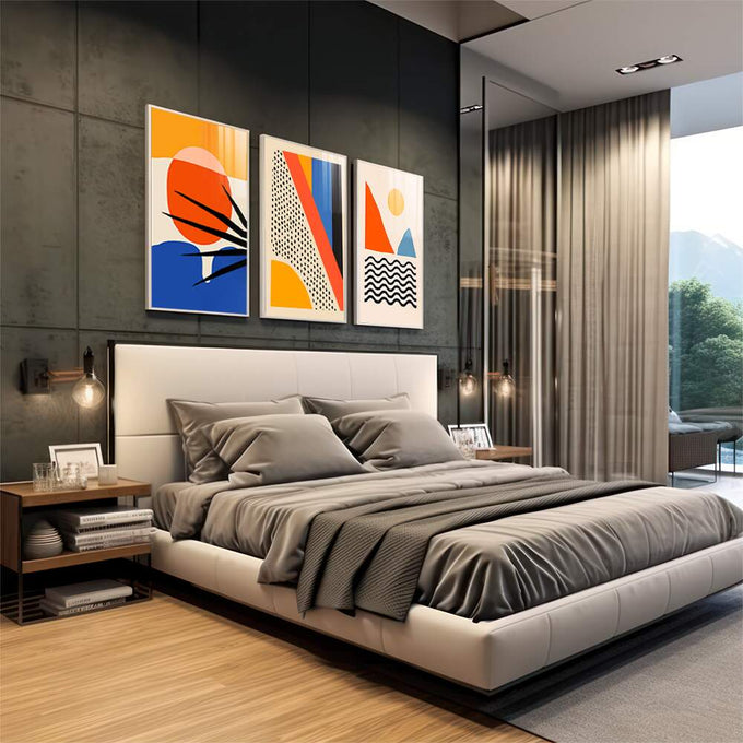 Quadro Decorativo: Explosão de Cores para Inspirar | quadros decorativos premium | Três telas abstratas com círculo laranja, triângulos azuis e formas geométricas coloridas | em ambiente 4 | Porao dos Quadros