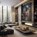 Quadro Decorativo Orixá Ewá: Força e Serenidade | quadros decorativos premium | Mulher afrodescendente com turbante e símbolos espirituais em fundo azul profundo. | em ambiente 4 | Porao dos Quadros