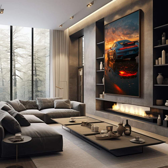 Quadro Decorativo Porsche ao Pôr do Sol | quadros decorativos premium | Porsche azul ao pôr do sol em praia com reflexo dourado na areia molhada | em ambiente 4 | Porao dos Quadros