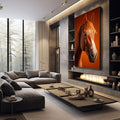 Quadro Decorativo Cavalo em Cores Vibrantes | quadros decorativos premium | Cavalo marrom em retrato fotográfico com fundo laranja intenso e olhar direto | em ambiente 4 | Porao dos Quadros