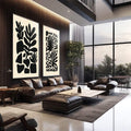 Quadro Decorativo Elegância Natural | quadros decorativos premium | Duas telas com folhas abstratas em silhuetas pretas sobre fundo bege, composição minimalista e contemporânea. | em ambiente 4 | Porao dos Quadros