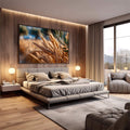 Quadro Decorativo Campo Dourado | quadros decorativos premium | Trigo dourado iluminado ao amanhecer com céu azul em composição fotográfica detalhada | em ambiente 4 | Porao dos Quadros