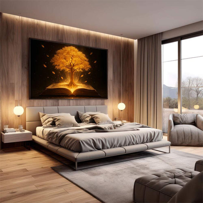 Quadro Decorativo Árvore do Conhecimento | quadros decorativos premium | Árvore dourada incandescente brotando de livro aberto com folhas voando contra fundo preto | em ambiente 4 | Porao dos Quadros