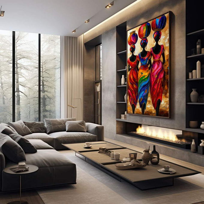 Quadro Decorativo Feminino Cultura Africana | quadros decorativos premium | Três mulheres africanas em silhueta com vestes e lanternas vermelhas, azuis e laranja vibrantes. | em ambiente 4 | Porao dos Quadros