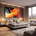 Quadro Decorativo Abstração de Pura Energia | quadros decorativos premium | Composição abstrata com formas fluidas em laranja, amarelo, vermelho e azul | em ambiente 4 | Porao dos Quadros