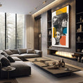 Quadro Decorativo Retratos da Força Feminina | quadros decorativos premium | Três perfis femininos em preto e branco com blocos de cores vibrantes em amarelo, azul e laranja | em ambiente 4 | Porao dos Quadros