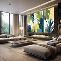 Quadro Decorativo Geometria Natural | quadros decorativos premium | Três painéis com folhas tropicais verdes e formas geométricas em azul, amarelo e branco | em ambiente 4 | Porao dos Quadros