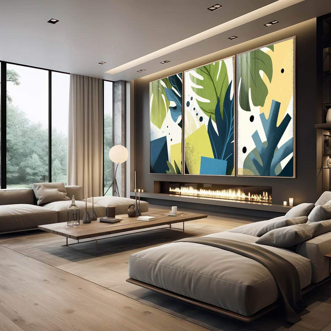 Quadro Decorativo Geometria Natural | quadros decorativos premium | Três painéis com folhas tropicais verdes e formas geométricas em azul, amarelo e branco | em ambiente 4 | Porao dos Quadros