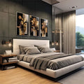 Quadro Decorativo Moderno em Três Painéis | quadros decorativos premium | Triptco com flores douradas e formas geométricas abstratas em preto e tons quentes. | em ambiente 4 | Porao dos Quadros
