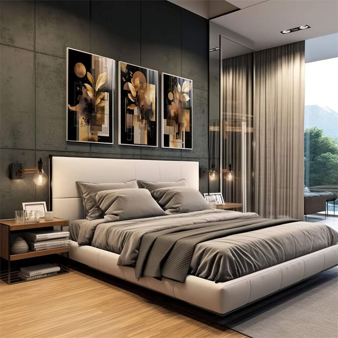Quadro Decorativo Moderno em Três Painéis | quadros decorativos premium | Triptco com flores douradas e formas geométricas abstratas em preto e tons quentes. | em ambiente 4 | Porao dos Quadros