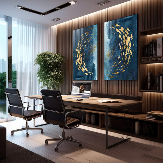 Quadro Decorativo: Oásis Cardume Encantador | quadros decorativos premium | Cardume de peixes dourados em espiral contra azul marinho texturizado em composição abstrata | em ambiente 4 | Porao dos Quadros