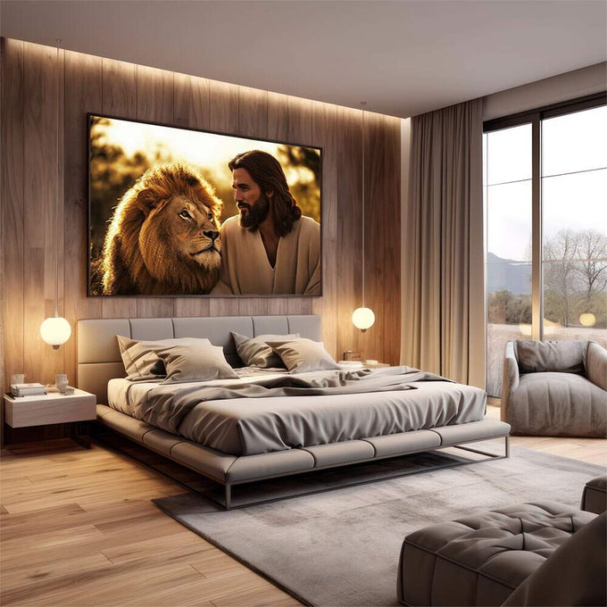 Quadro Decorativo - Simbiose de Força e Serenidade | quadros decorativos premium | Homem e leão em harmonia dourada com luz natural envolvente e composição simbólica profunda | em ambiente 4 | Porao dos Quadros