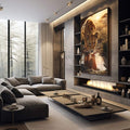 Quadro Decorativo Leão Jovem em Majestade | quadros decorativos premium | Leoa bebendo água ao entardecer dourado com savana ao fundo em composição realista. | em ambiente 4 | Porao dos Quadros