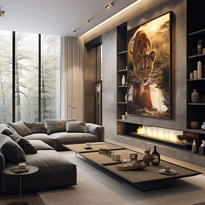 Quadro Decorativo Leão Jovem em Majestade | quadros decorativos premium | Leoa bebendo água ao entardecer dourado com savana ao fundo em composição realista. | em ambiente 4 | Porao dos Quadros